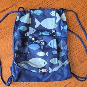 Geckobrands Waterproof Blue Fish Print Drawstring Swim Backpack